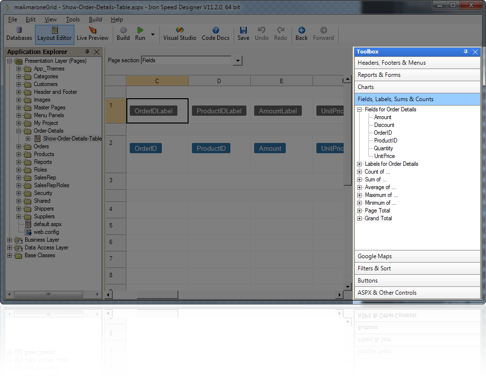 Drag databound fields and panels from the Toolbox onto your page